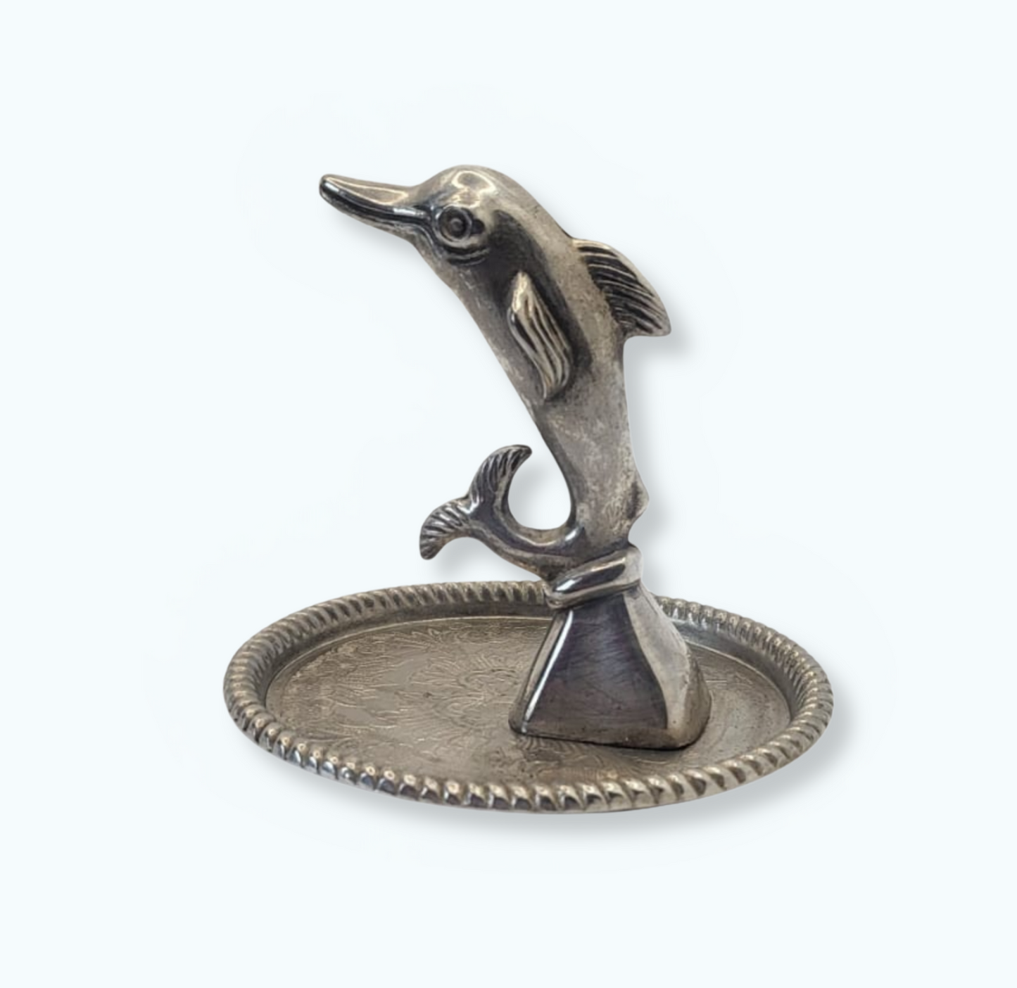 Porte-bijoux ancien en métal argenté – Dauphin vintage Movitex