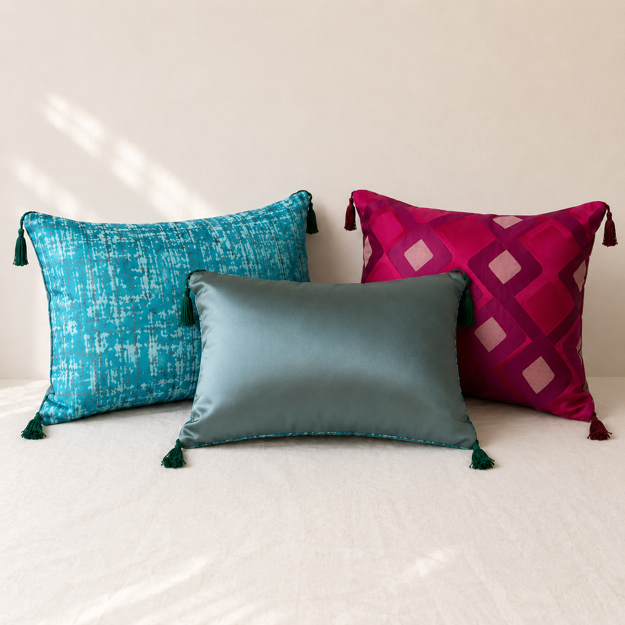 Mise en ambiance de coussins décoratifs turquoise, bleu-gris et fuchsia sur fond beige