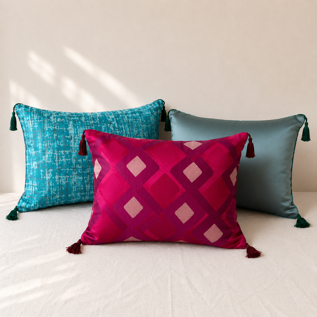 Mise en ambiance de coussins décoratifs turquoise, bleu-gris et rose fuchsia sur fond beige