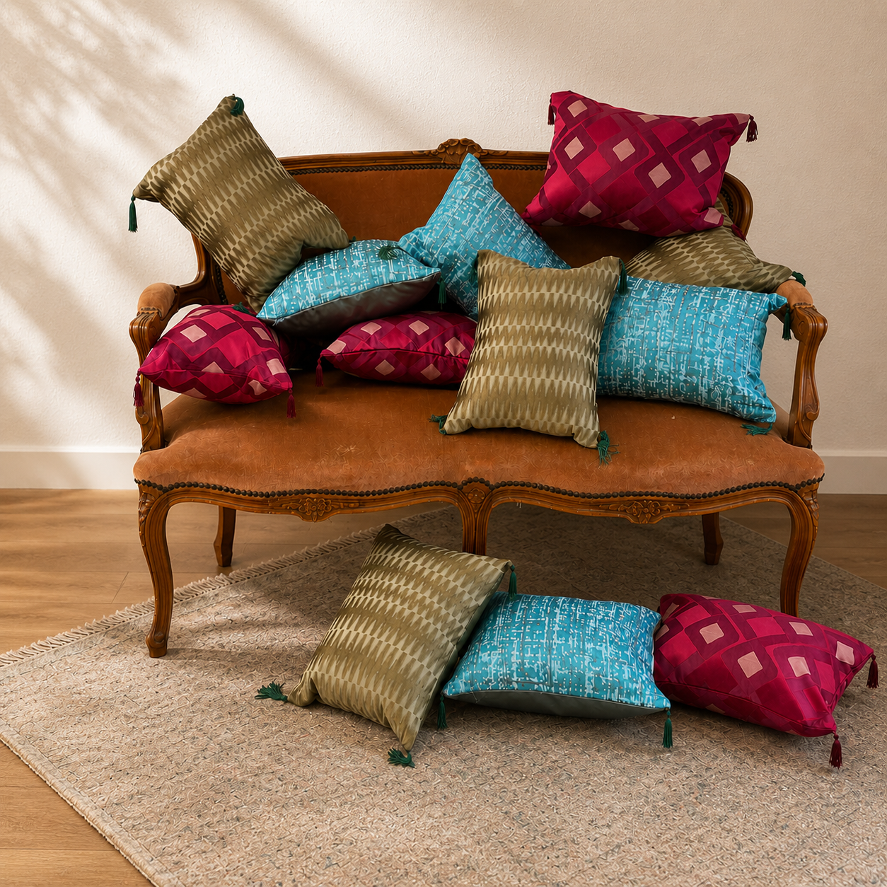 Canapé vintage en velours camel avec assortiment de coussins décoratifs bi-goût aux motifs graphiques et satin coloré
