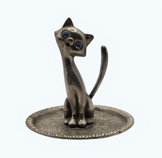 Porte-bijoux ancien en métal argenté – Chat vintage Movitex