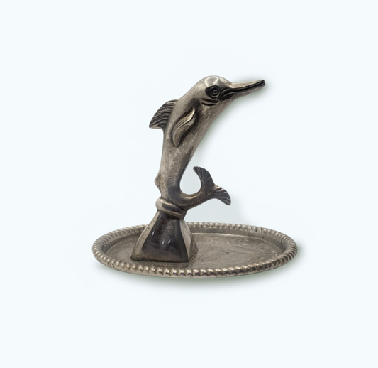 Porte-bijoux ancien en métal argenté – Dauphin vintage Movitex