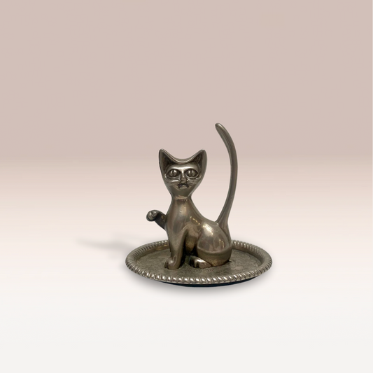 Porte-bijoux ancien en métal argenté – Chat vintage Movitex
