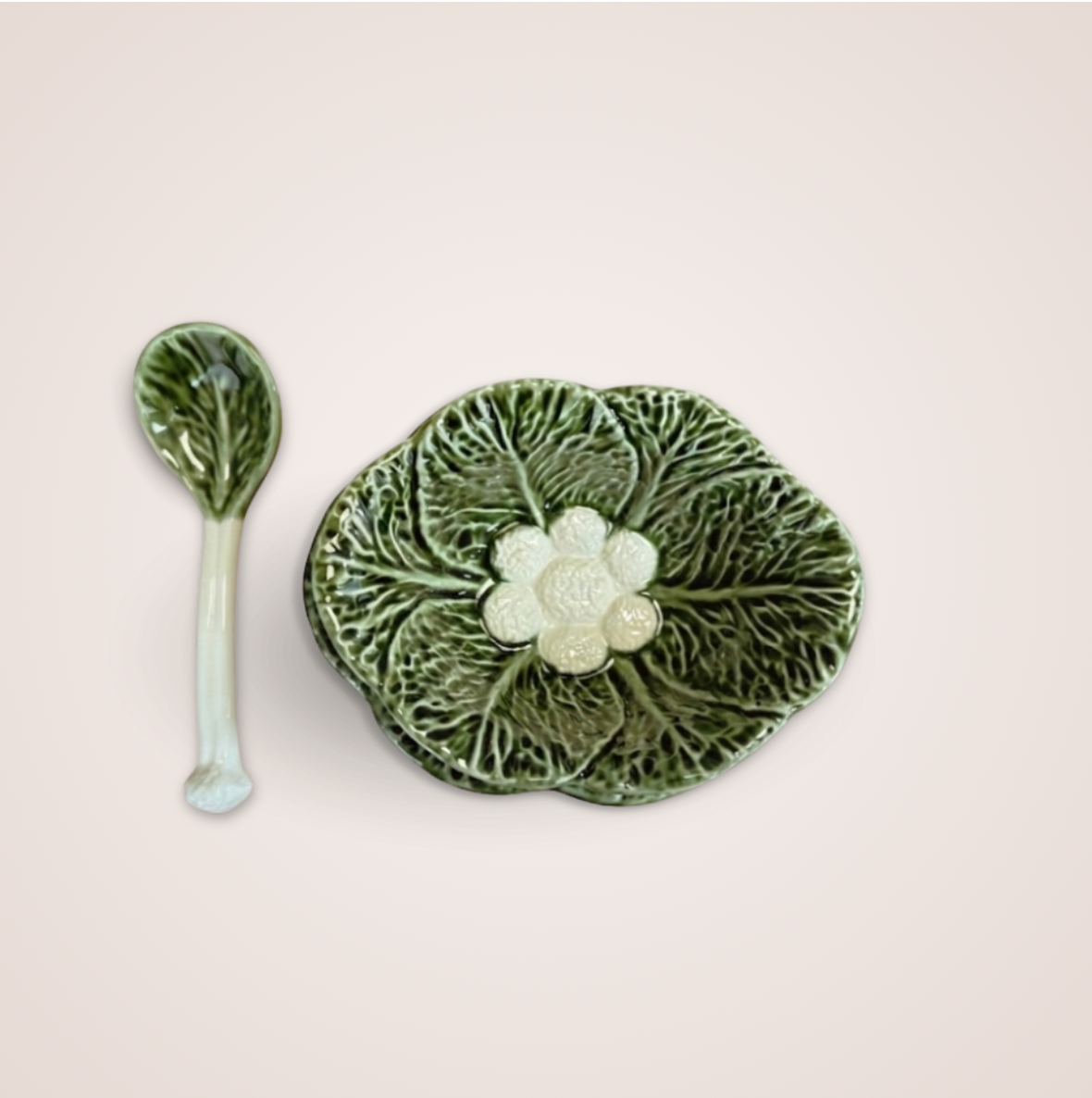 Saucière avec sa couple et sa cuillière - feuille de chou