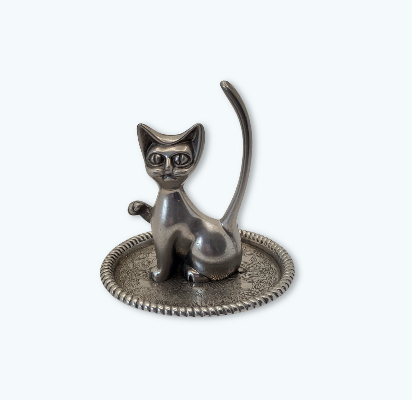 Porte-bijoux ancien en métal argenté – Chat vintage Movitex
