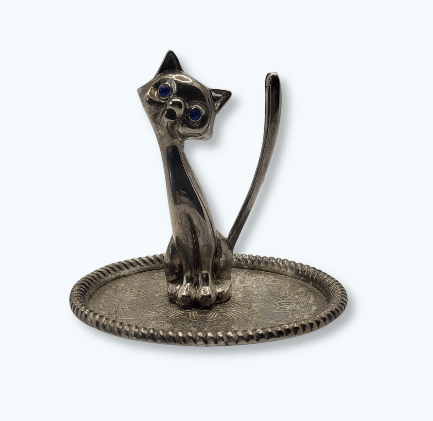 Porte-bijoux ancien en métal argenté – Chat vintage Movitex