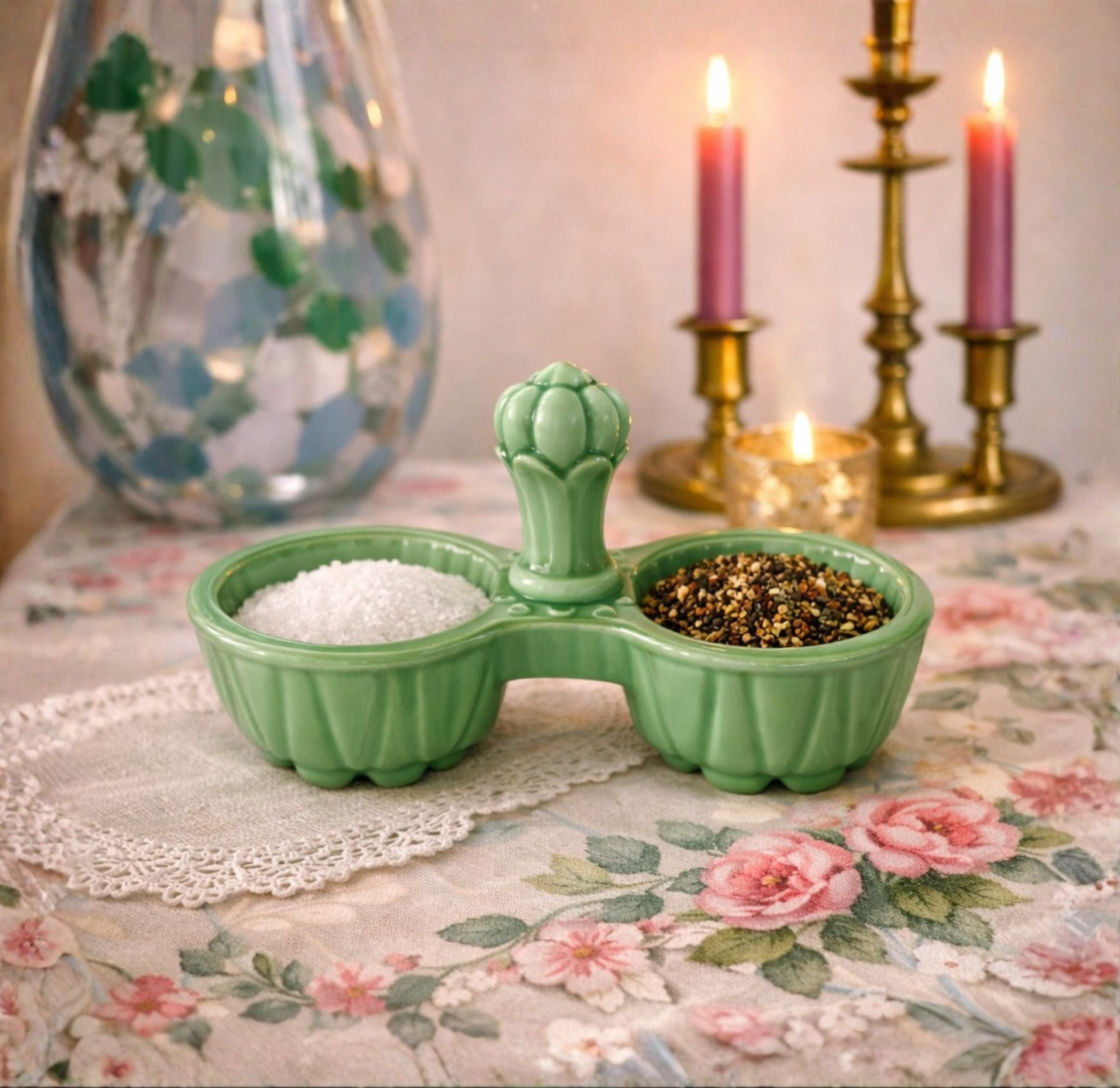 Duo sel & poivre en opaline verte – Élégance rétro