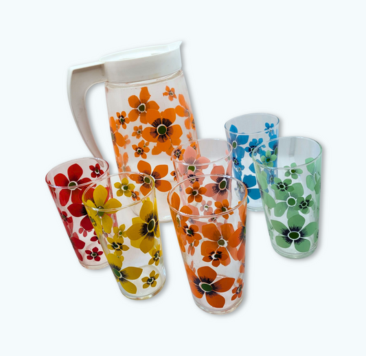 Service à limonade fleuri – Carafe et 6 verres assortis – Années 60