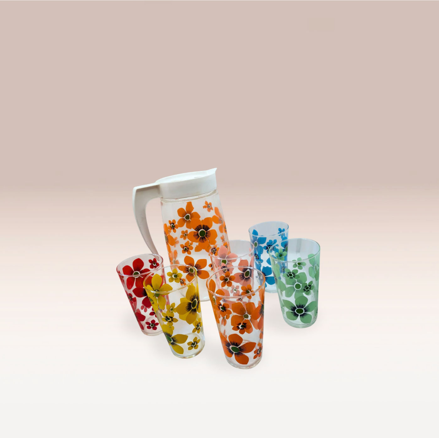 Service à limonade fleuri – Carafe et 6 verres assortis – Années 60