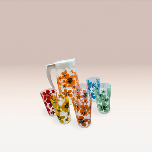 Service à limonade fleuri – Carafe et 6 verres assortis – Années 60