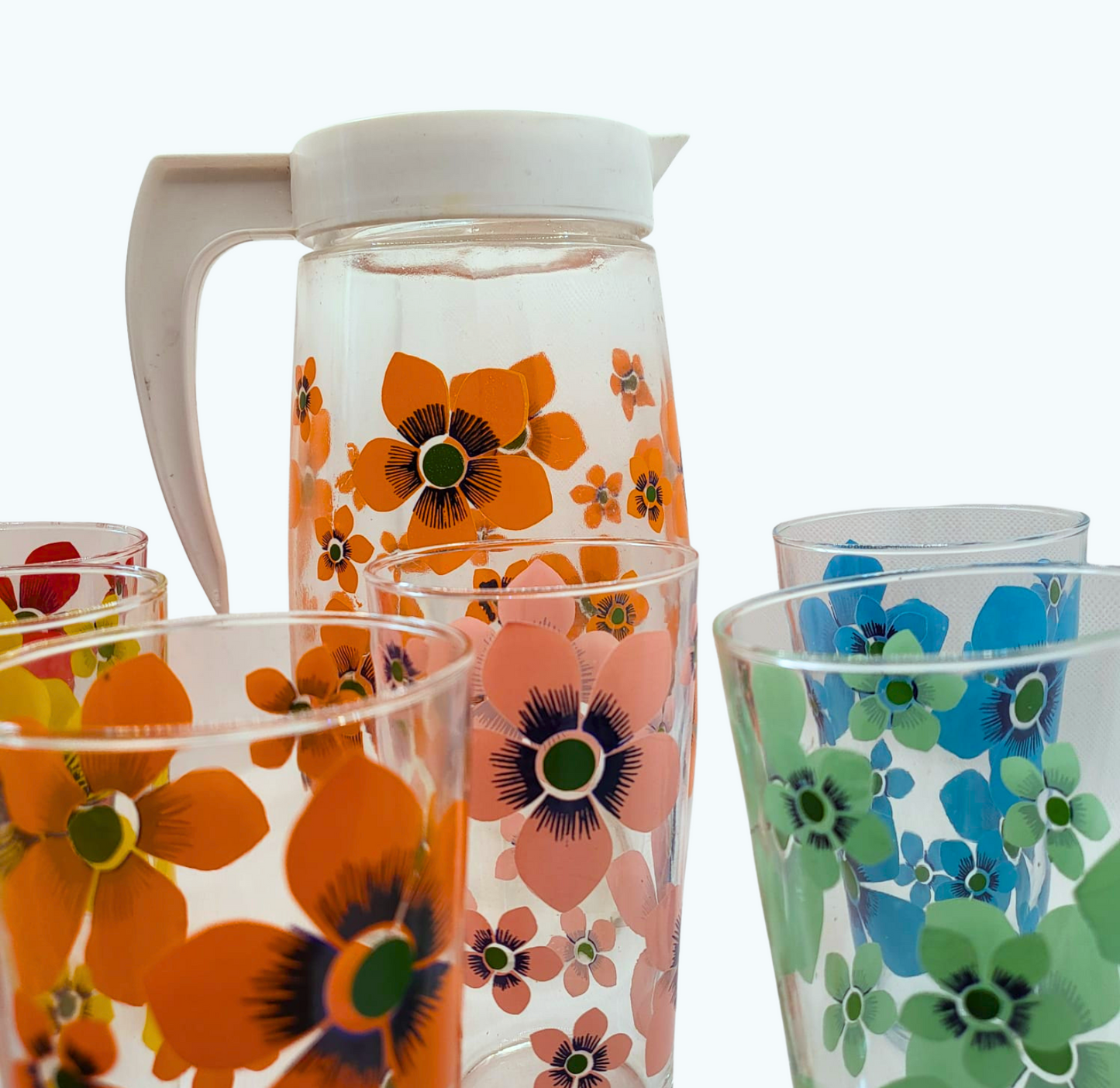 Service à limonade fleuri – Carafe et 6 verres assortis – Années 60